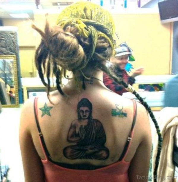 Buddha Tattoo With Nautical Star On Back