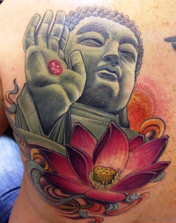Buddha Tattoo With Red Lotus Design