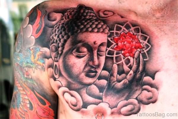 Buddha Tattoo With Red Rose On Chest