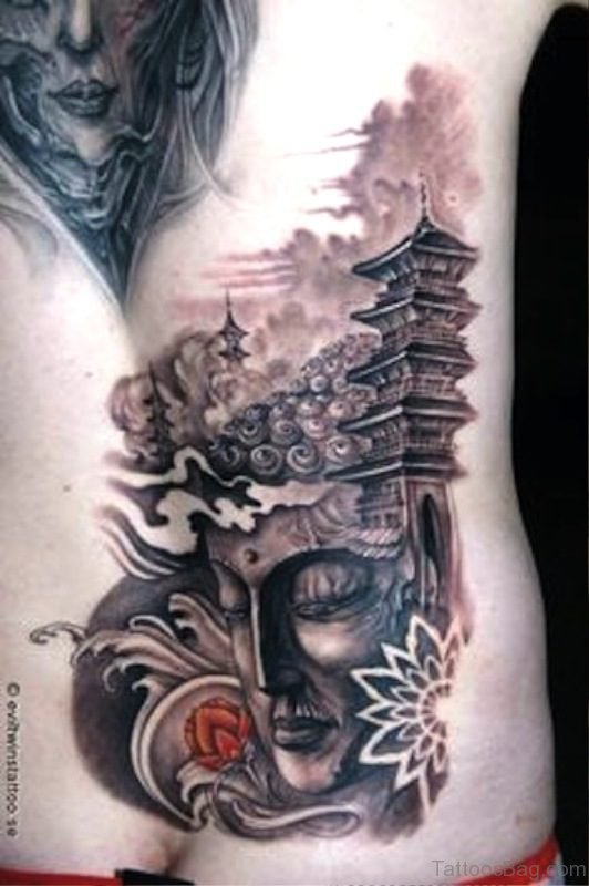 Buddha Tattoo With Temple On Back