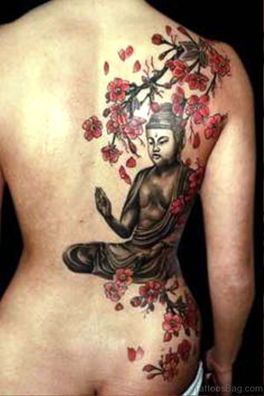 Buddha With Red Flowers Tattoo Design