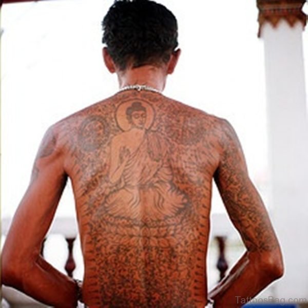 Buddhist Script Tattoo On Back
