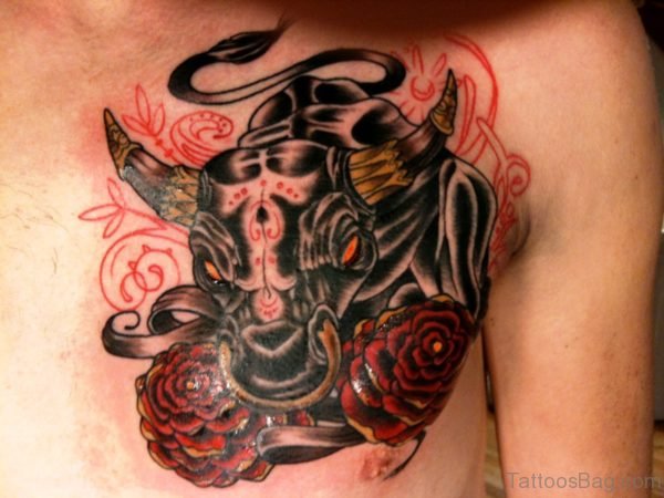 Bull And Roses Tattoo On Chest