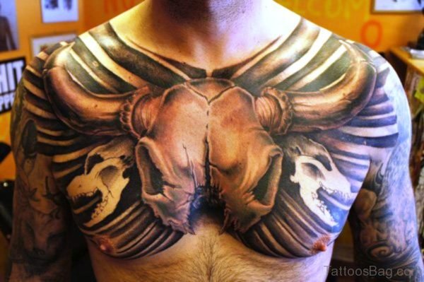 Bull Skull Tattoo On Chest