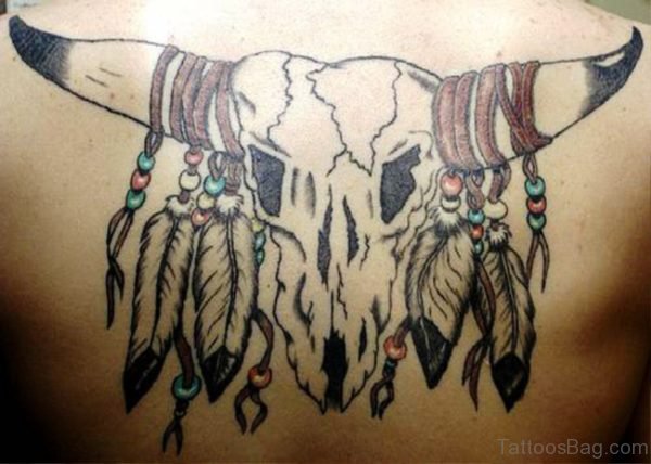 Bull Skull Tattoo With Feathers On Back