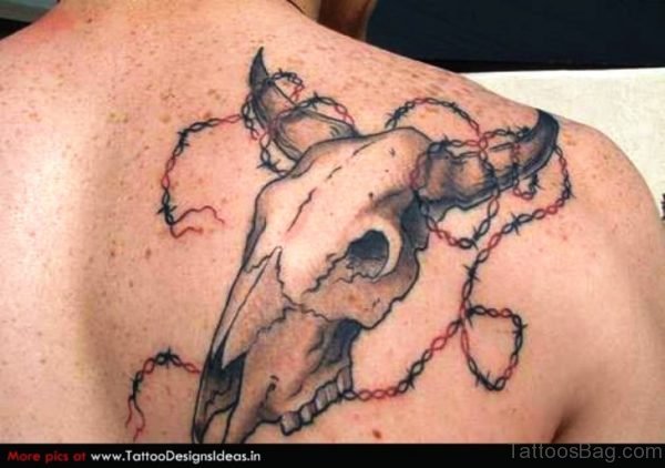 Bull Skull With Barbed Wire On Back Shoulder