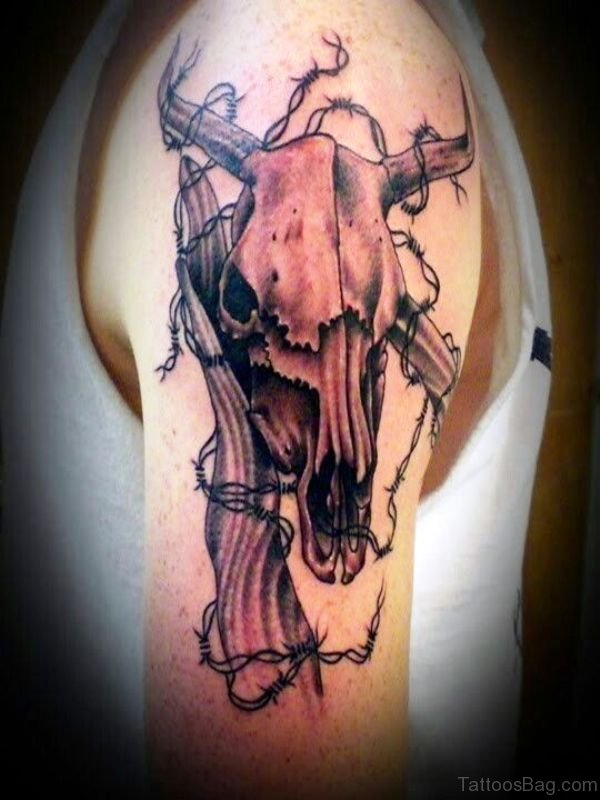 Bull Skull With Barbed Wire Tattoo Design