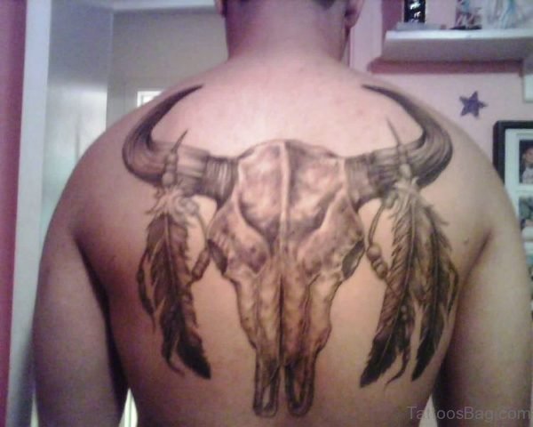 Bull Skull With Feathers Tattoo On Back