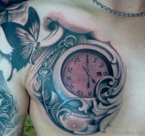 Buterfly And Clock Tattoo