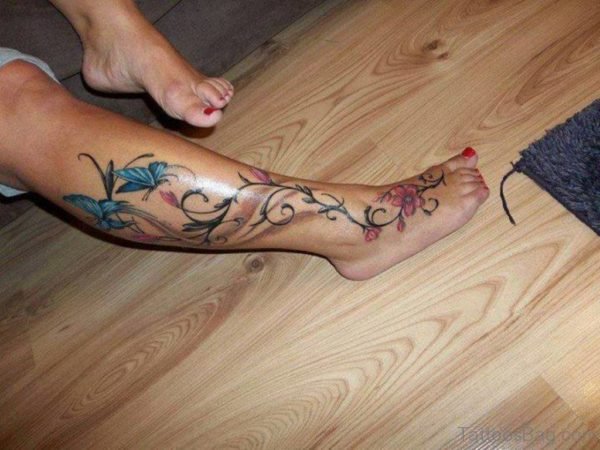 Butterflies With Swirl Flower Leg Tattoo
