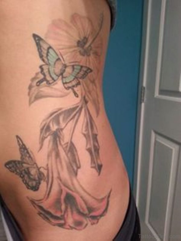 Butterfly And Angel Tattoo On Rib