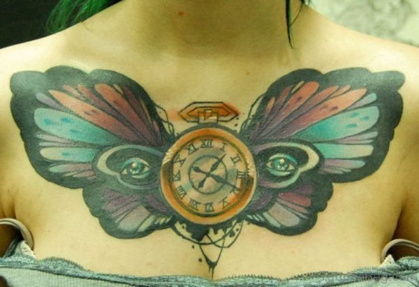 Butterfly And Clock Tattoo On Chest
