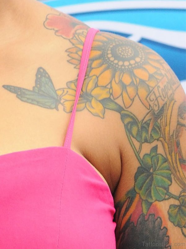 Butterfly And Pretty Sunflowers Tattoo