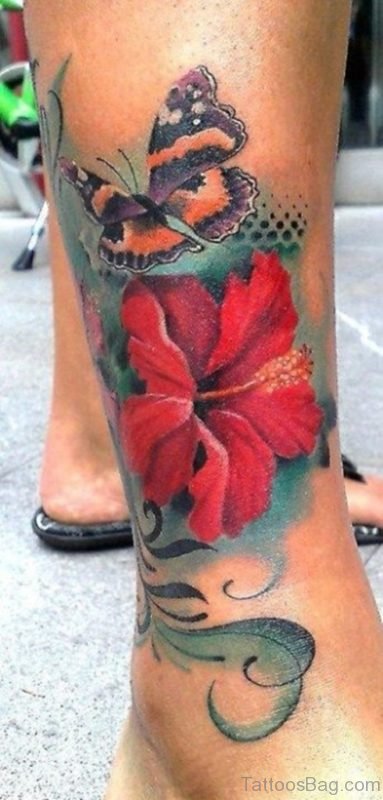 Butterfly And Red Flower Tattoo