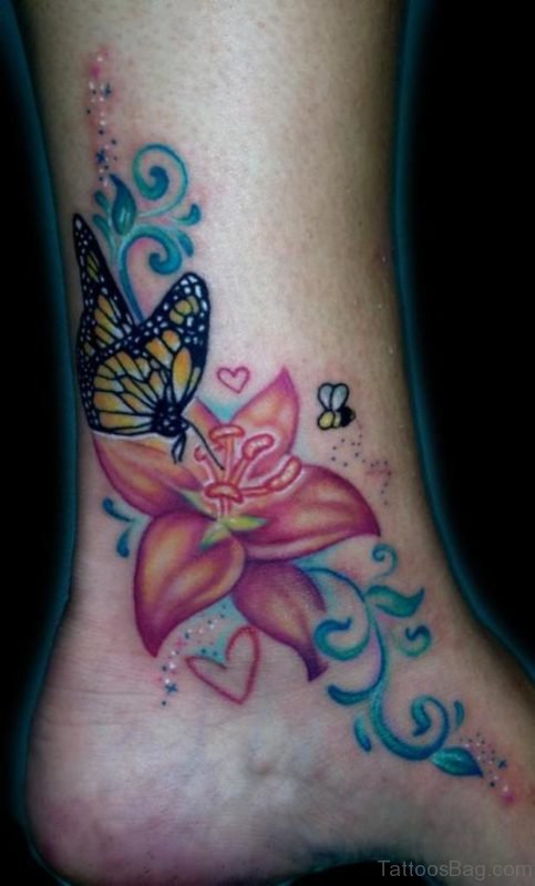 Butterfly On Flower Tattoo Design On Ankle