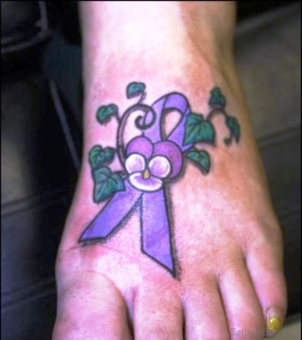 Cancer Ribbon Tattoo With Green Leaves