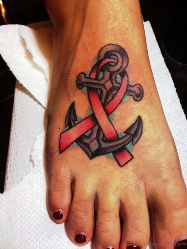 Cancer Ribbon With Anchor Tattoo Design