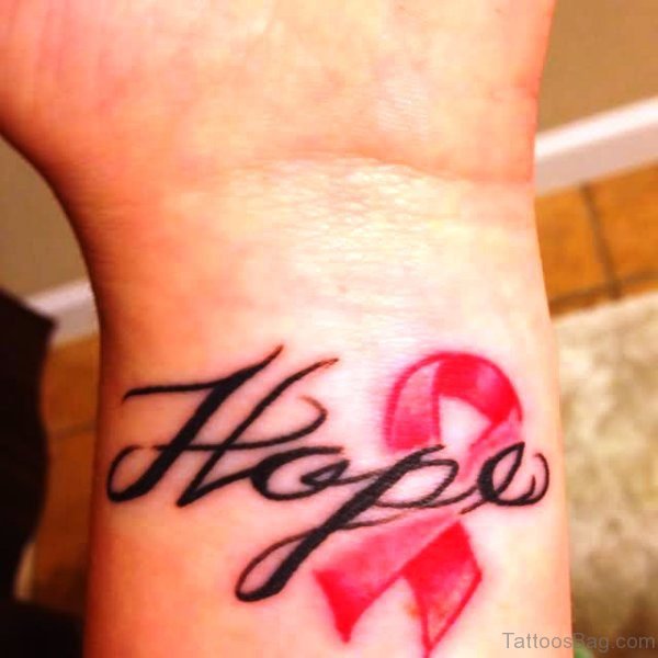Cancer Ribbon With Hope Word Tattoo