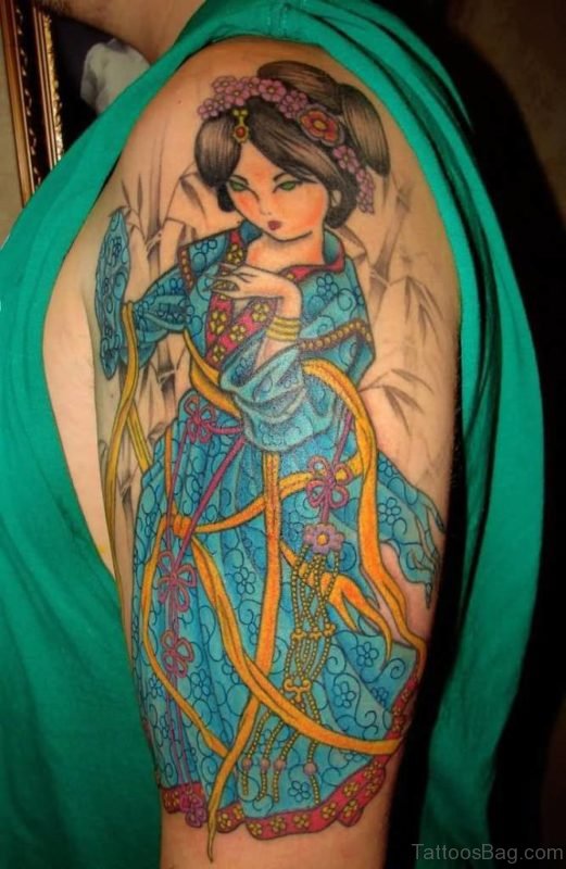 Cartoon Geisha Tattoo On Left Shoulder