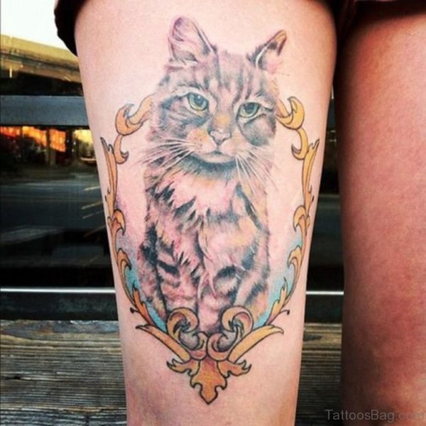 Cat Portrait Tattoo For Thigh