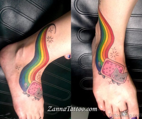 Cat Tattoo With Rainbow On Foot