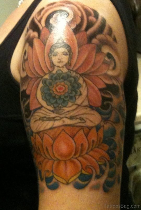 Charming Buddha Tattoo On Shoulder