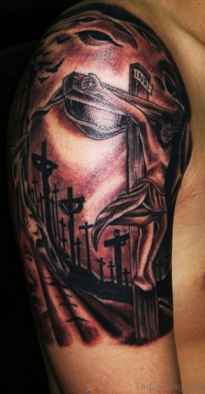 Charming Jesus Cross Tattoo On Right Shoulder
