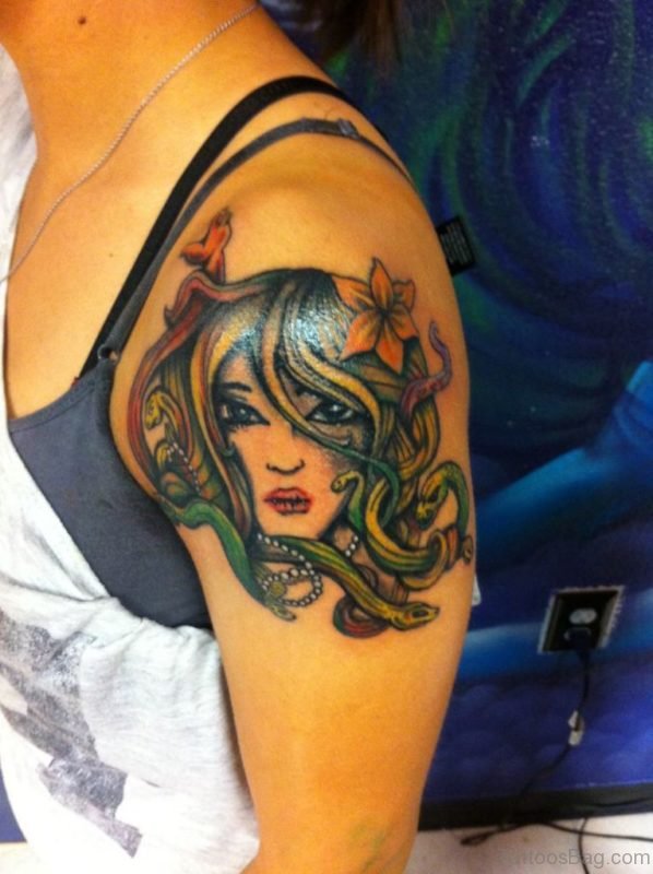 Charming Medusa Tattoo On Shoulder