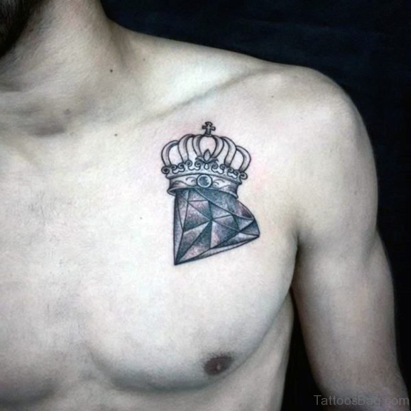 Chest Sparkling Diamond And Crown Tattoo