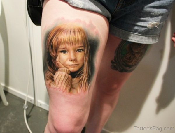 Child Portrait Tattoo For Thigh
