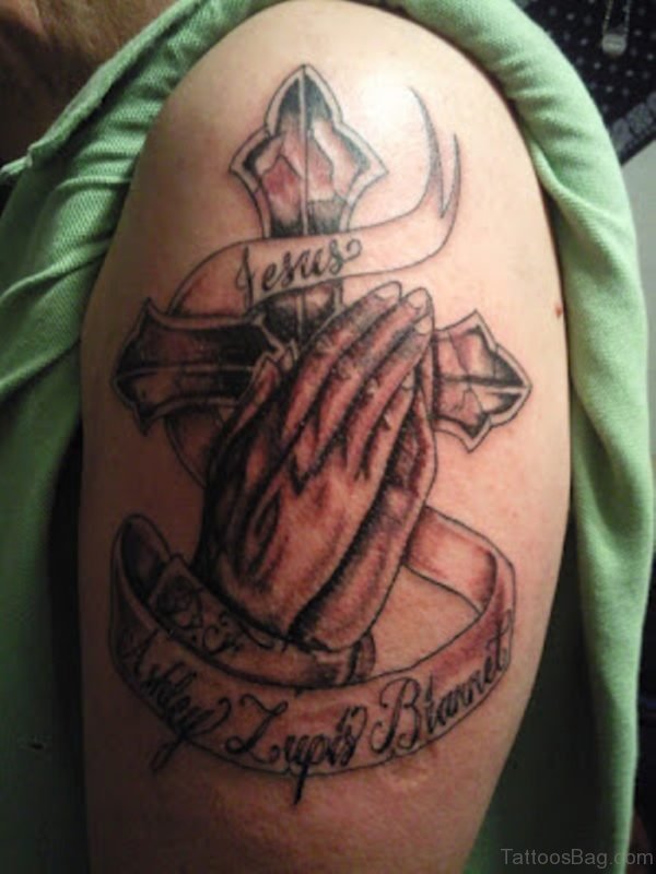 Christian Cross Praying Hands Tattoo On Shoulder