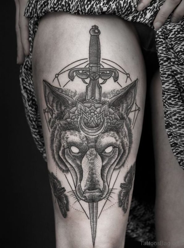 Classic Wolf Tattoo On Leg