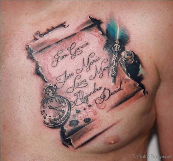 Clock And Wording Tattoo On Chest