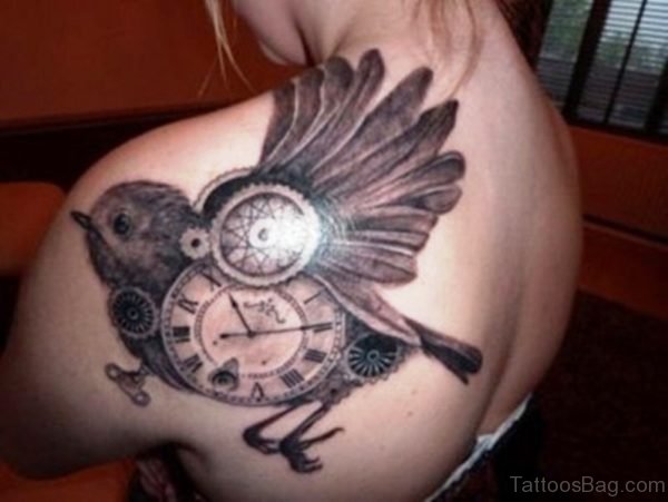Clock Bird Shoulder Tattoo Design 
