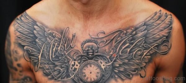 Clock Heart With Wings Tattoo On chest 1