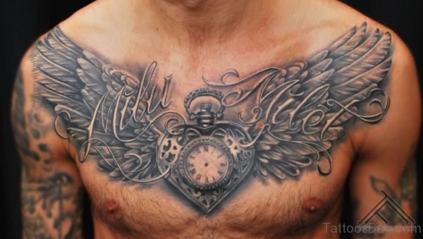 Clock Heart With Wings Tattoo On chest