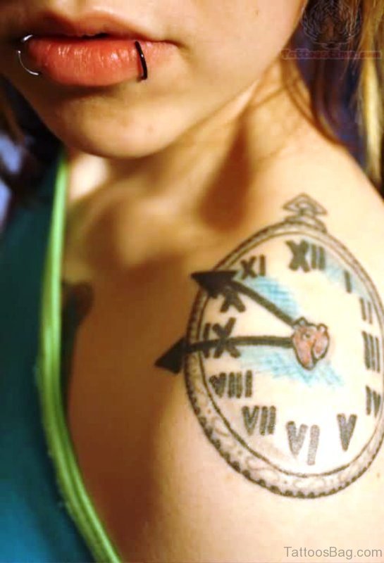 Clock Tattoo On Left Shoulder 