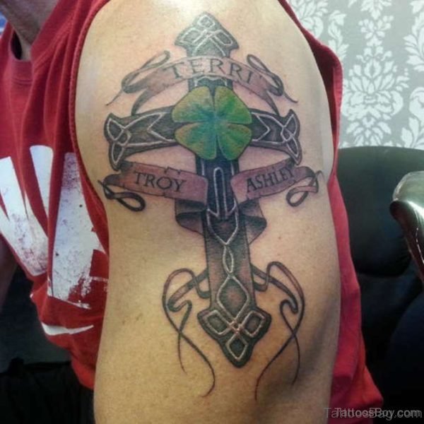 Clover Celtic Cross Tattoo On Shoulder