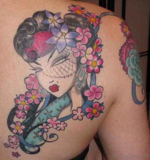 Color Flowers And Geisha Girl Head Tattoo On Back Shoulder