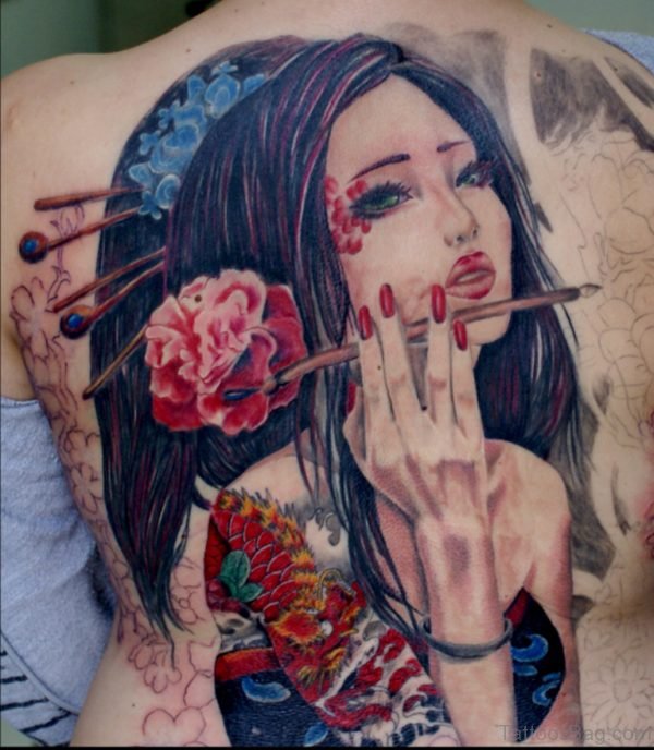 Color Ink Flowers And Geisha Tattoo On Back