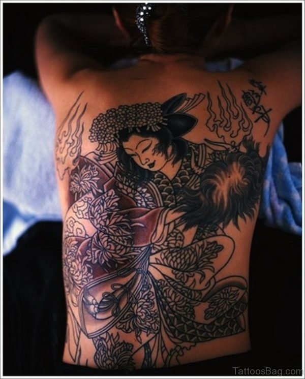 Color Ink Geisha Tattoo On Back