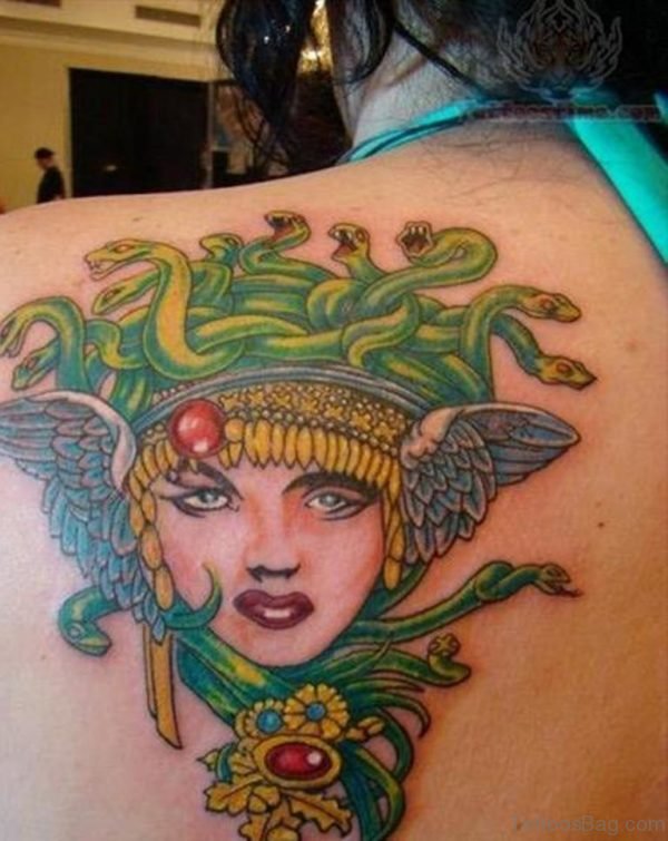 Color Ink Medusa Tattoo On Back Shoulder