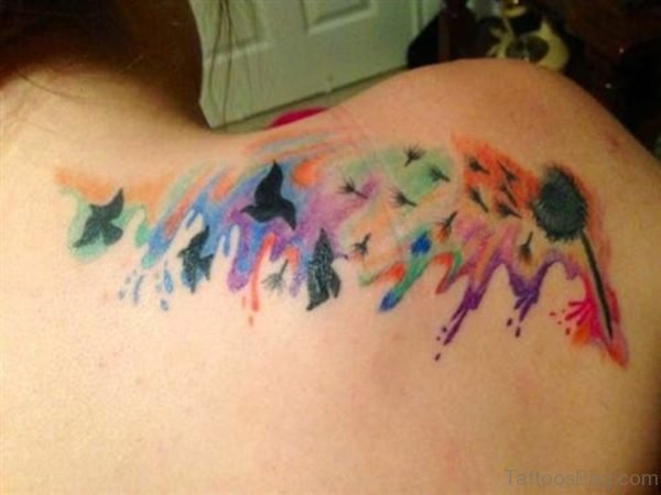 Colored Birds Tattoo On Shoulder Back