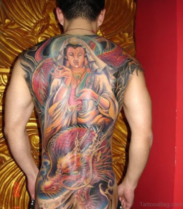 Colored Buddha Tattoo On Back