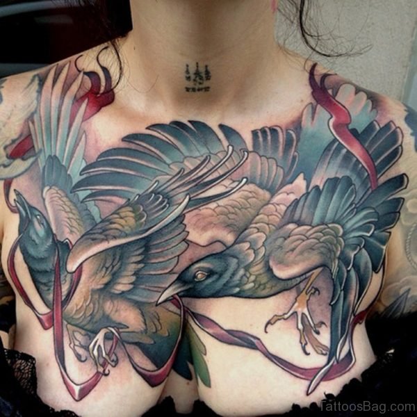 Colored Crow Tattoo On Chest