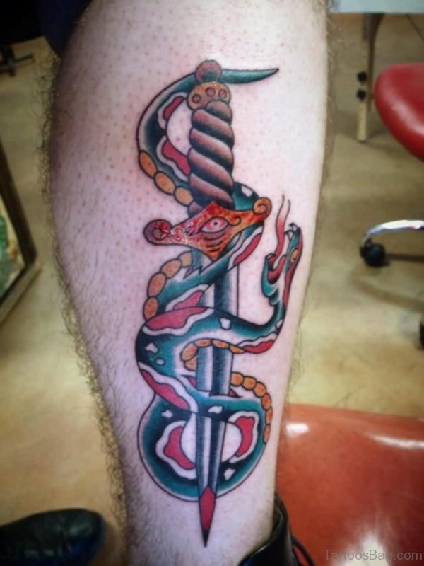 Colored Dagger And Snake Tattoo