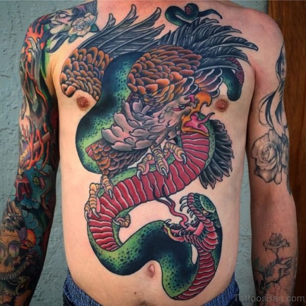 Colored Eagle And Snake Tattoo