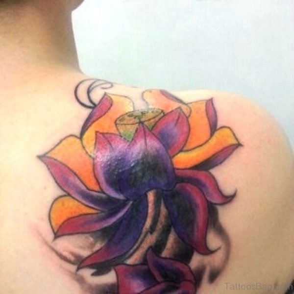 Colored Flower Tattoo On Back Shoulder 