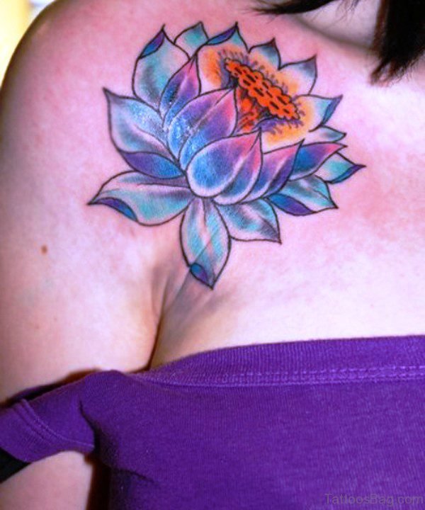 Colored Flower Tattoo On Front Shoulder 