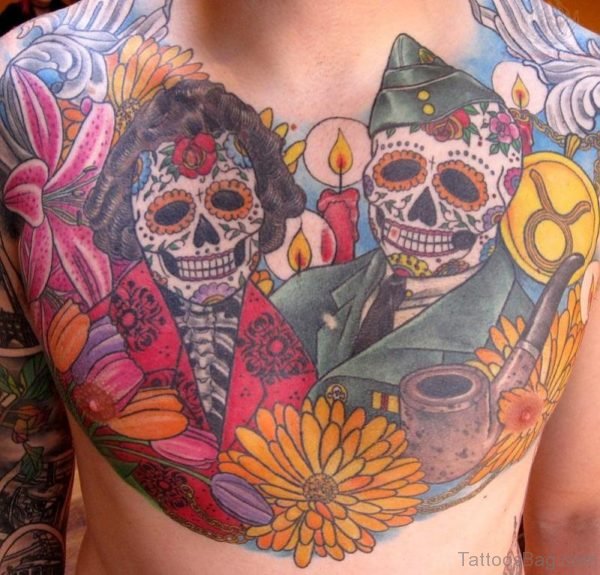 Colored Flowers And Skull Tattoo